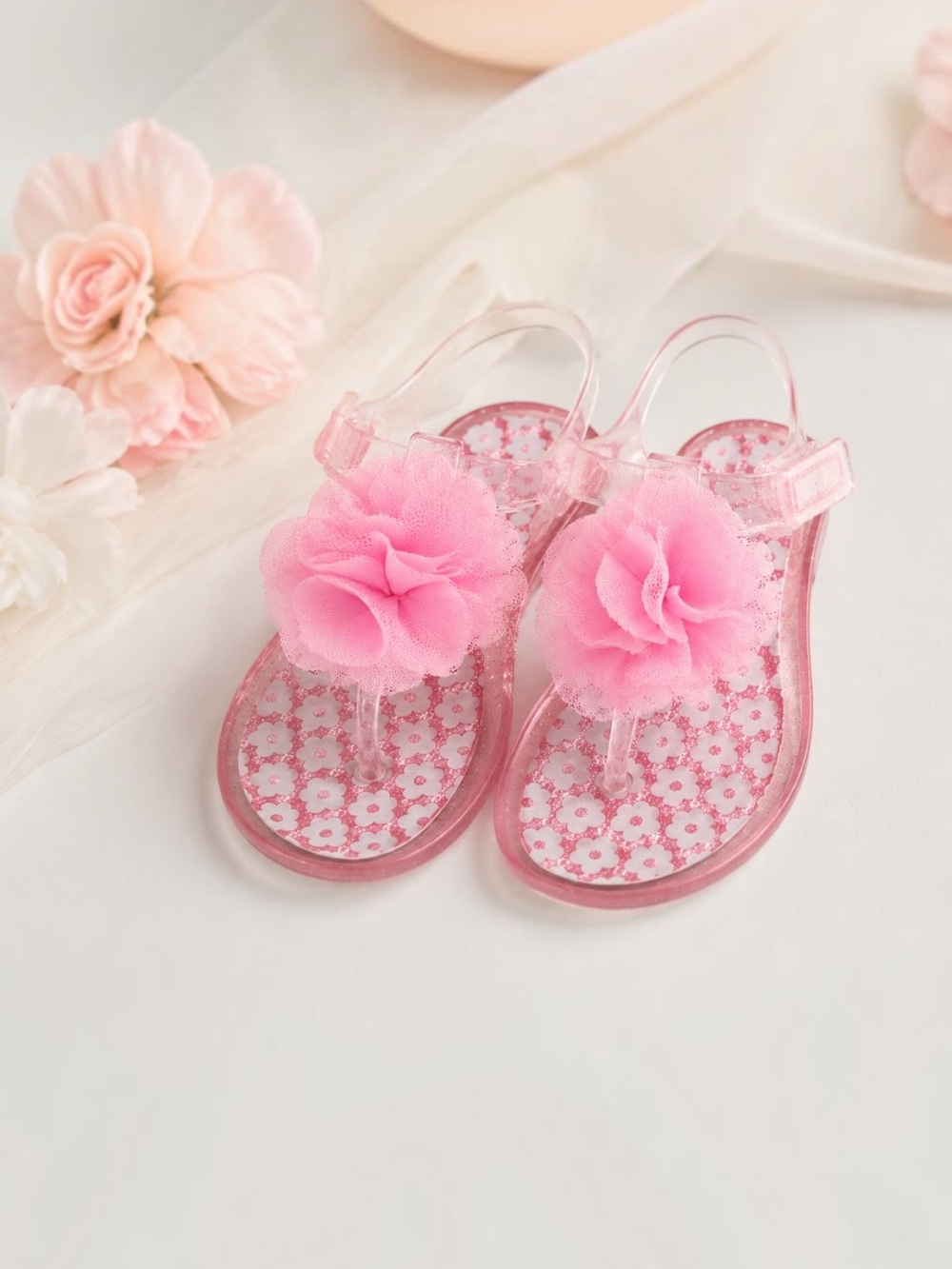 Girls Pink Glitter Jelly Sandals Flower Velcro Flip Flops Size 10